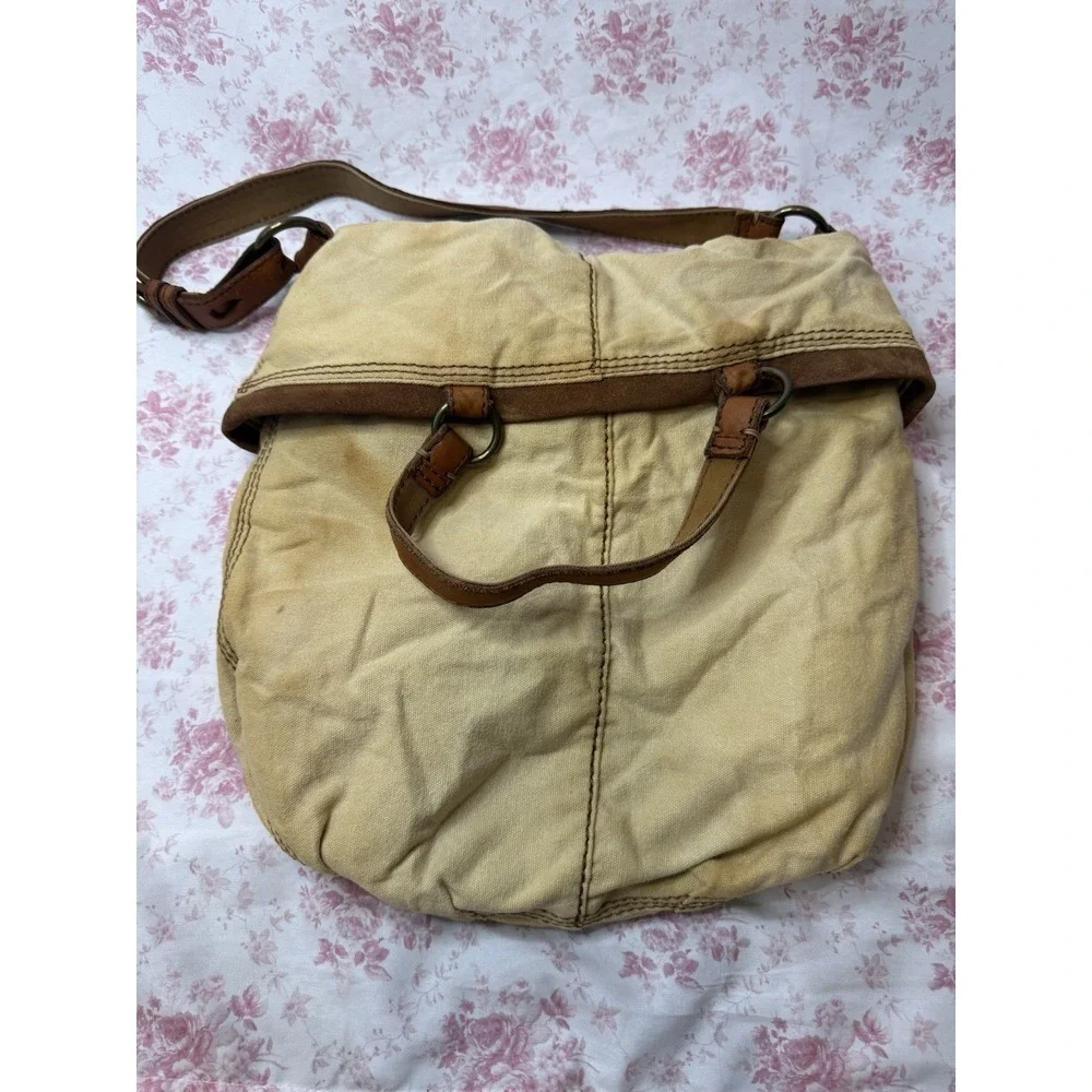 Lucky Brand Vintage Canvas Leather Shoulder Hobo Purse Bag 13x15